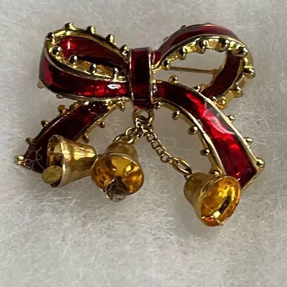 Vintage bow & dangle bells holiday brooch