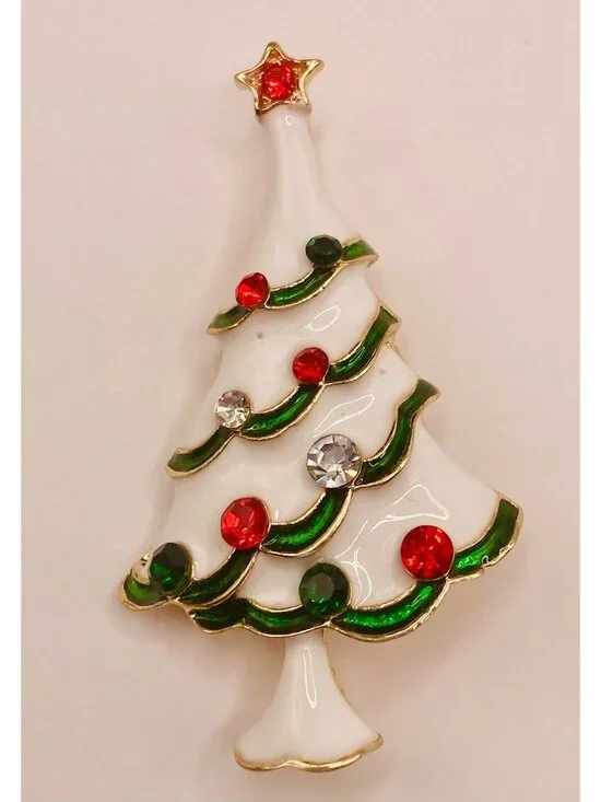 Christmas Holiday Tree Brooch Pin White Enamel Rhinestones Gold-Tone -103B