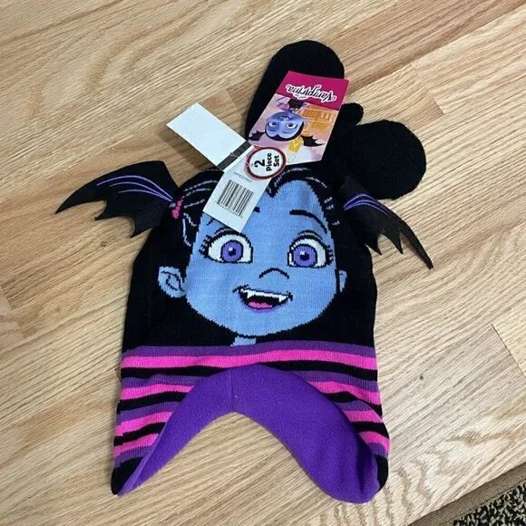 Vampirina Hat and Mitten Set NWT Disney Knit Black Purple Glove