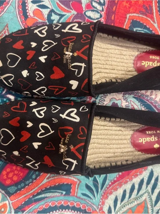 Kate Spade Black Red and White Heart-Print Slip-On Flats