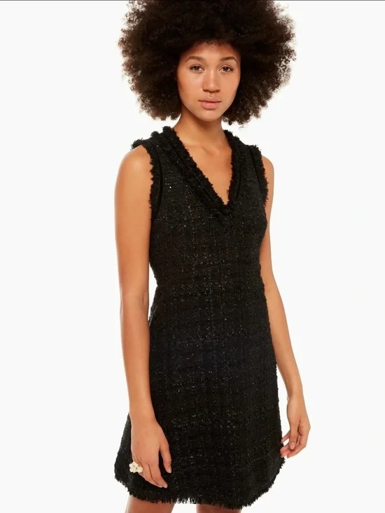 NWT Kate Spade New York Black Shimmer Tweed Dress – V-Neck A-Line LBD Size 6