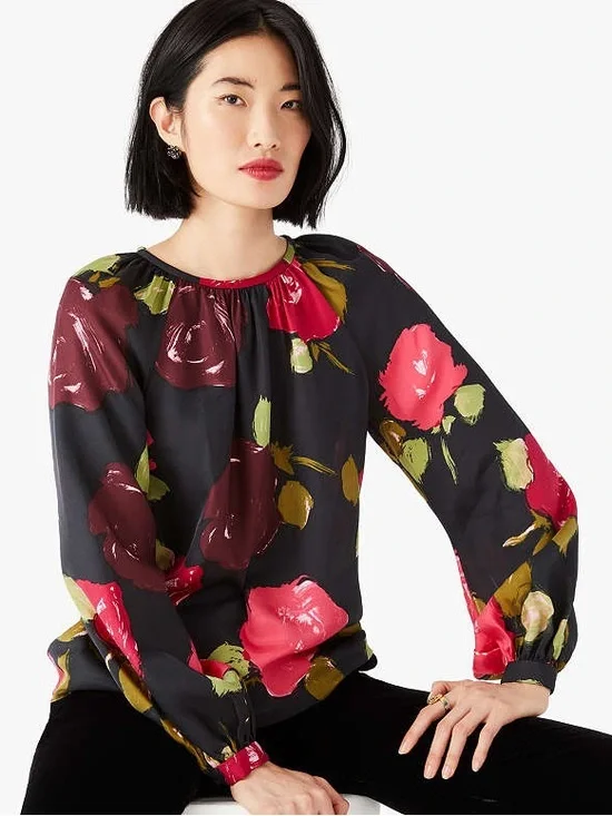 Kate Spade New York Just Rosy Keyhole Top in Silk Twill Dark Romantic Floral