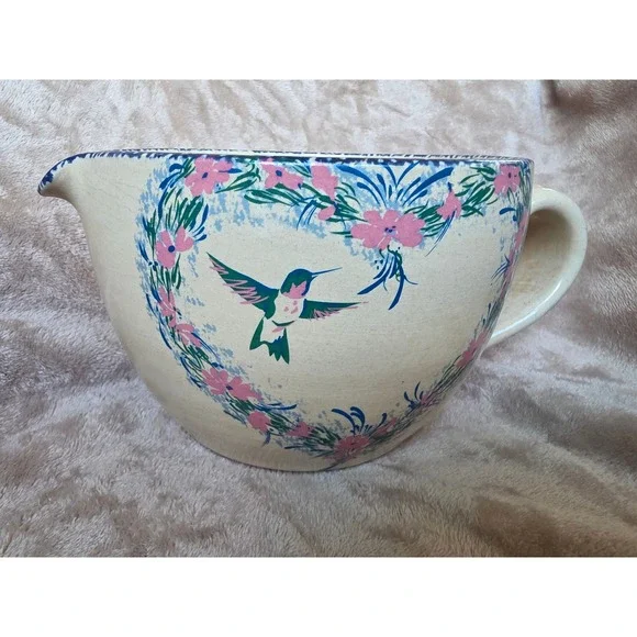Vintage 1998 Hummingbird Garden Stoneware Batter Bowl with Spout Made in USA