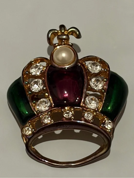 VTG Mardi Gras Brooch Pin Faux Pearl Green And Purple Enamel