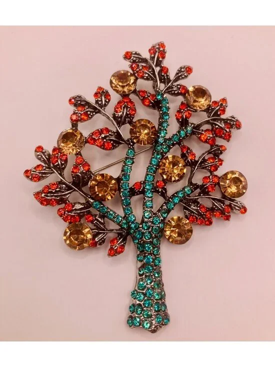 Silver tone Tree Brooch Pin Multicolor Rhinestones -100B