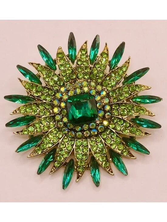 Green Rhinestone Gold-Tone Sunburst Brooch Pin -97B
