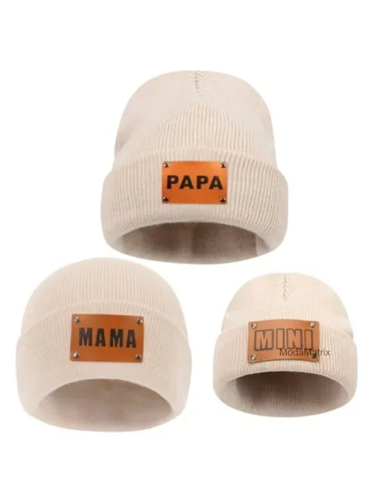 3 Pcs Parent-Child Beanie Hats with Leather Patch