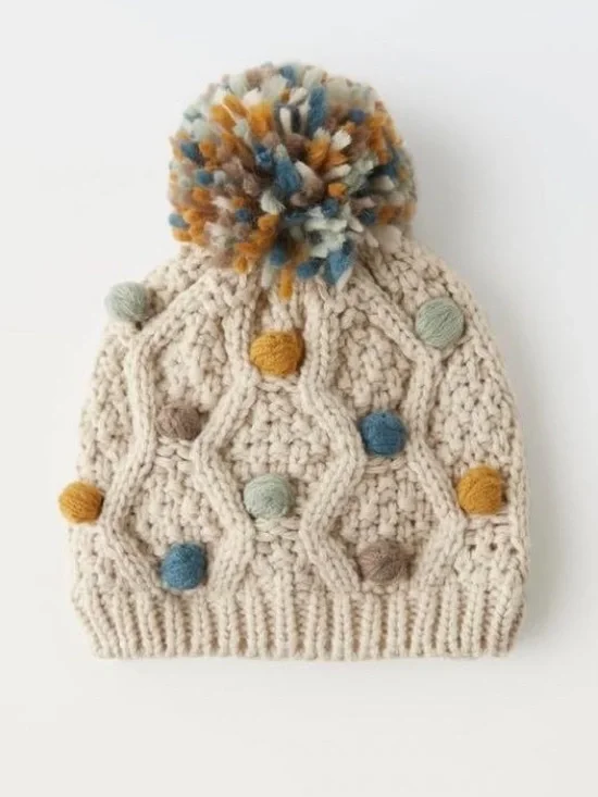 ZARA KIDS | Cream Knitted Pom Pom Beanie with Multicolor Dots