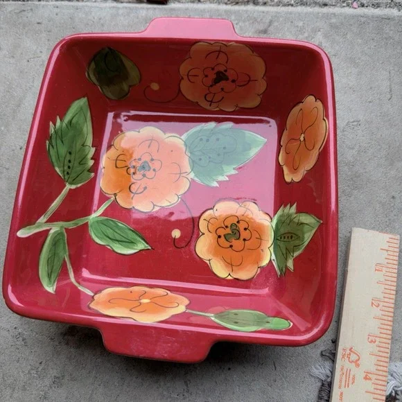 Temp-tations‎ Floral Ceramic Baking Dish Square Red Casserole Dish