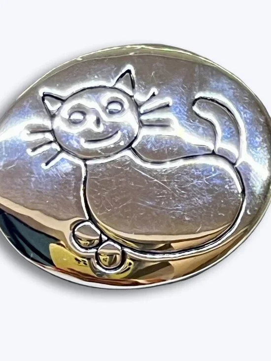 Smiling Cat Pin Kindhearted Woman Folk Art Brooch Silvertone Vtg Kitty Whimsical