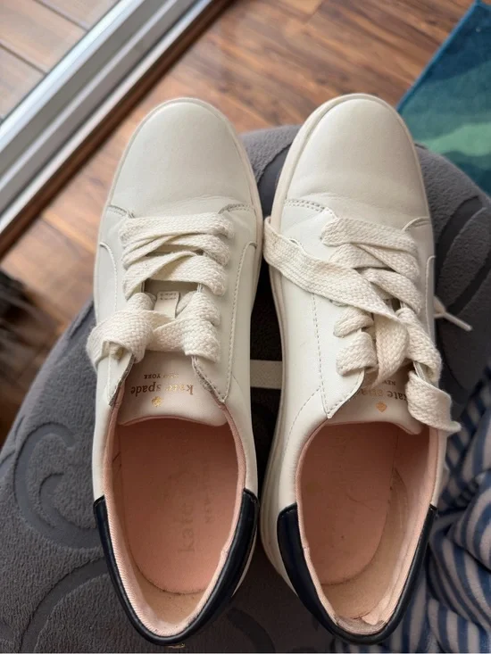 kate spade Cream Leather Low-Top Sneakers with Gold Logo