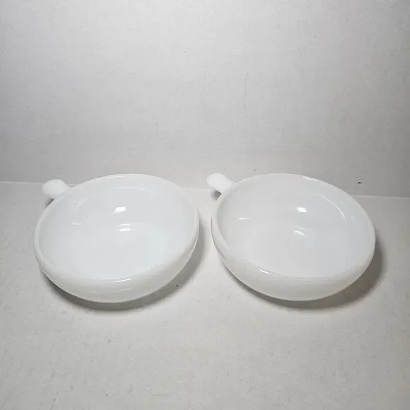 Vintage Set Of 2 Glasbake Milk Glass Soup Chili Bowls w/ Handles Solid White