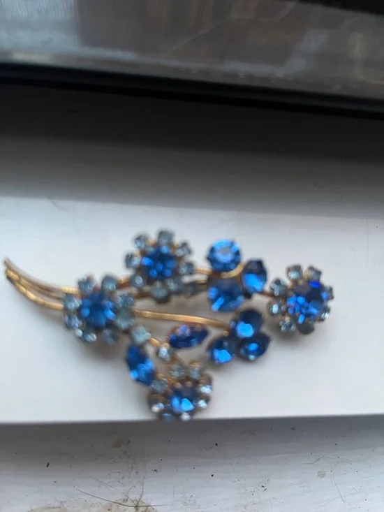 Blue Crystal Floral Brooch - Gold Tone signed makers, mark TBD