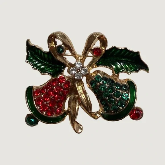 Christmas Bells Brooch Pin - Red & Green Rhinestone Holiday Jewelry