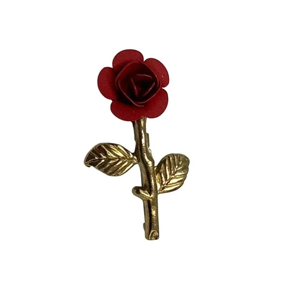 Vtg Gold Tone Red Rose Flower Brooch Pin Textured Stem Leaf Botanical Jewelry