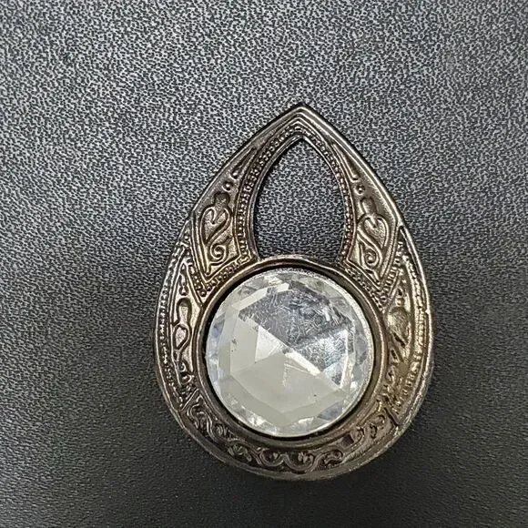 Dark silver tone rhinestone teardrop shaped brooch