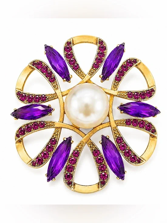 Gold Tone Faux Pearl & Purple‎ Rhinestone Statement Brooch NEW. VTG Style