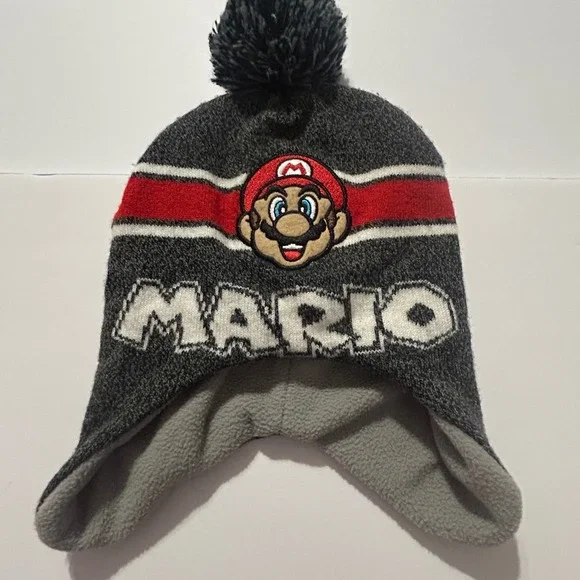 Nintendo Super Mario Boys Earflap Beanie Hat Fleece Lined Grey Red Pom Pom
