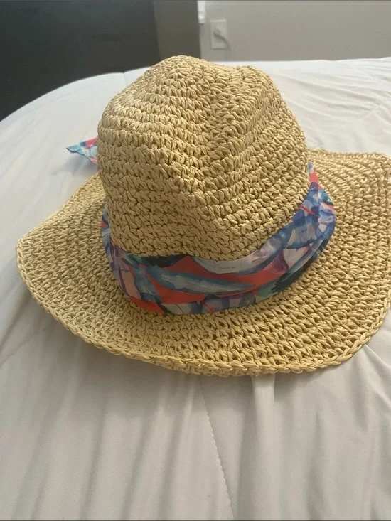 Caribbean Joe Natural Straw Sun Hat with Blue and Coral Scarf Band
