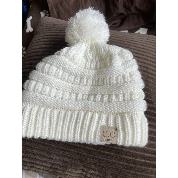 C.C Kids Pom Knit CC Beanie Cap Hat off white