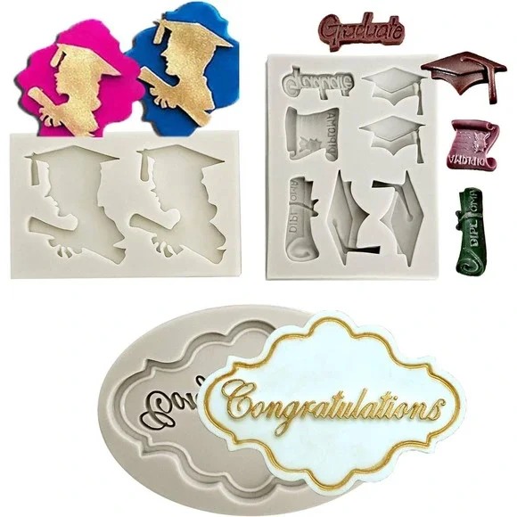 3pc Graduation Silicone Molds Congratulations Cap Diploma Fondant Resin Decor