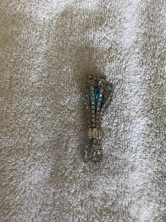 Vintage Rhinestone Drop Brooch with Teal Accent