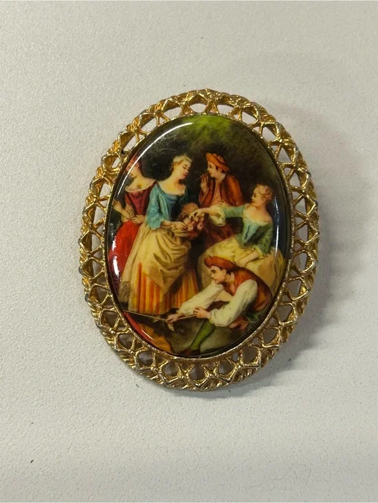 Vintage Gold-Tone Painted Victorian Scene Brooch - Multicolor