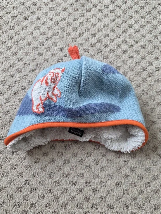Patagonia Reversible Toddlers Light Blue Beanie with Orange Trim