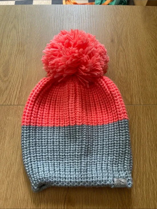 L.L. Bean Kids Two-Tone Pom Beanie - Coral & Light Gray