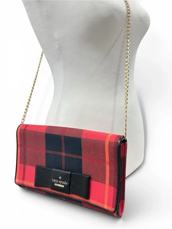 Kate Spade Red Plaid Canvas & Black Leather Bow Flap Clutch Mini Bag on Chain
