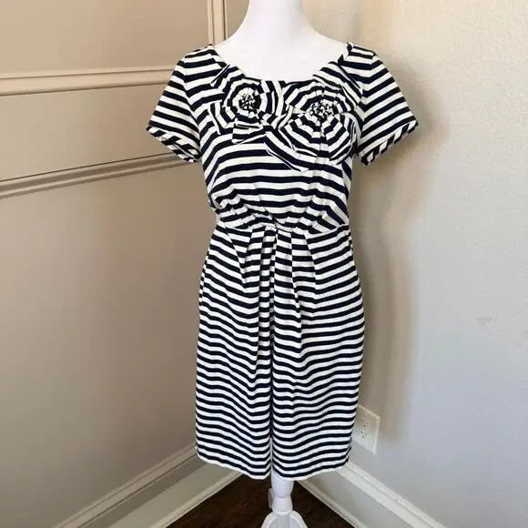 Kate Spade Navy White Stripe Rosette Jersey Dress Womens S Cotton