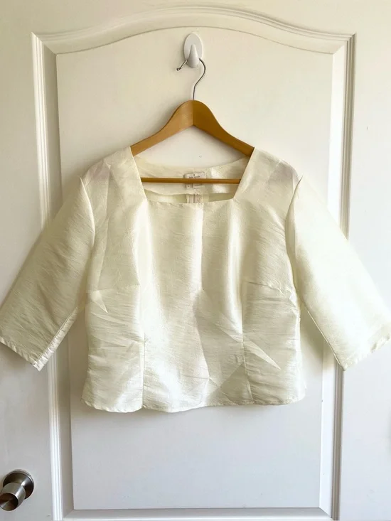 Kate Spade Taffeta Silk Square Neck Blouse Size 6 Cream Vintage Style 3/4 Sleeve