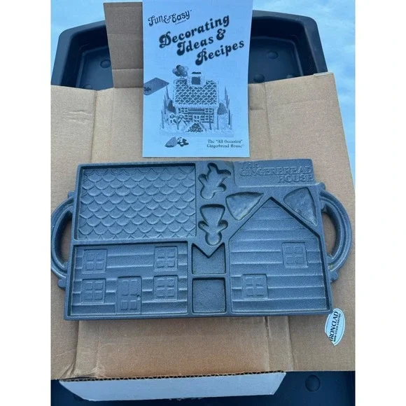 John Wright 1985 Double Sided Cast Iron Gingerbread House Baking Mold  NOS BOX