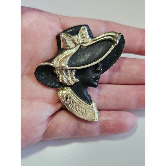 Torino gold tone black matte brooch silhouette vintage hat fancy