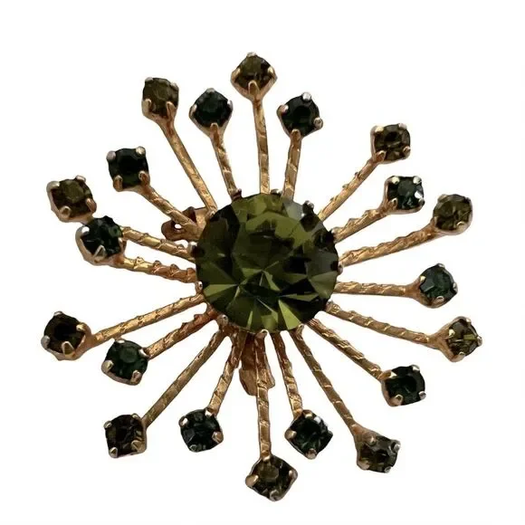 Vintage Rare Boho Fashion Brooch Gold Tone Green Rhinestones