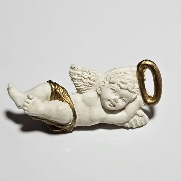 Vintage White And Gold Colored Cherub Brooch Pin Angel