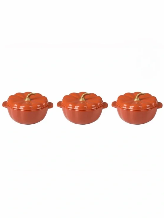 The Pioneer Woman Ceramic Pumpkin 2 Cup Mini Cocottes with Lids Set of 3, Orange