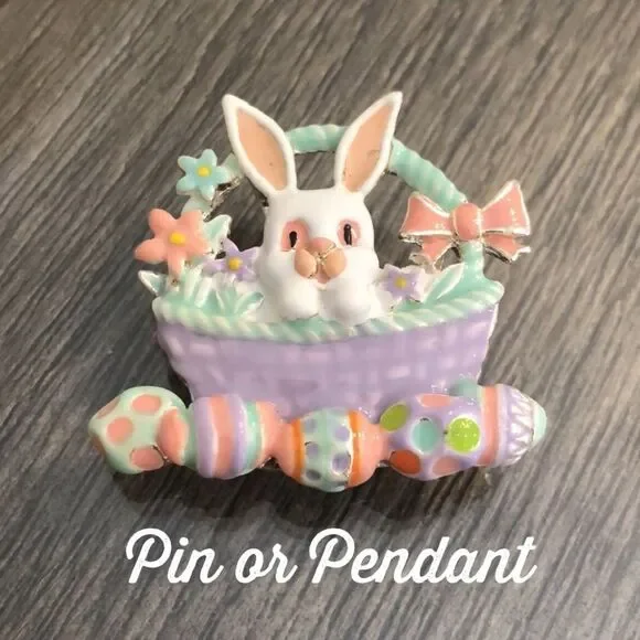 Rabbit in Easter Basket Silvertone & Enamel Easter Pin / Pendant