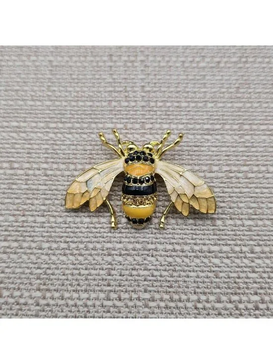 Vintage Enamel Bumblebee - Gold Tone Rhinestone Honeybee Insect Pin Brooch A8058
