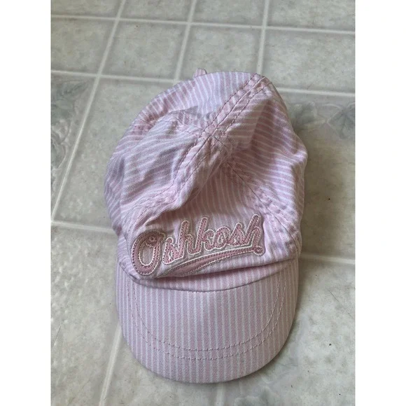 Classic Pink Stripe Vtg Embroidered OSHKOSH B'GOSH 0-9 mth Elastic Baseball‎ Cap