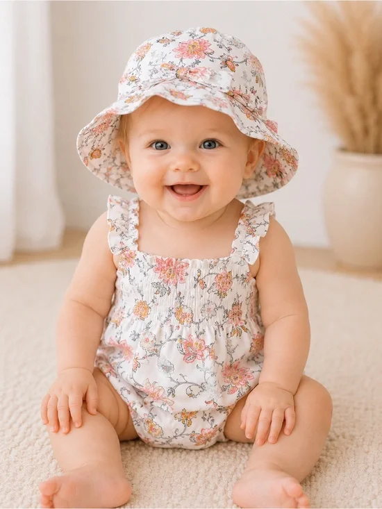 Janie and Jack Floral Sun Hat Baby Girl White Pink | Size 3–6 Months