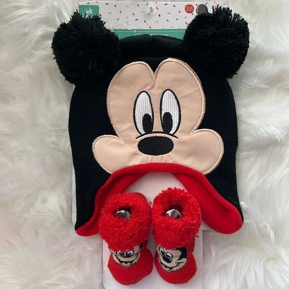 🆕 Disney Baby Junior Mickey Mouse Pom Pom Beanie Hat and Booties Gift Set Winter