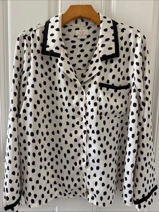 kate spade Black and White Polka-Style Print Blouse with Pink Accents
