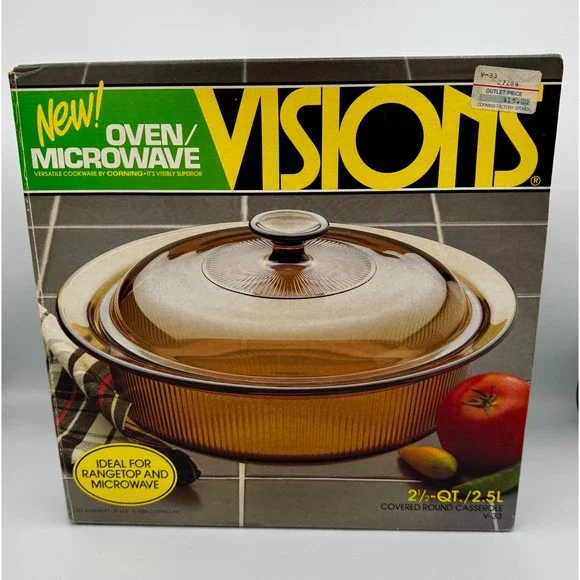 New Open Box Vintage Corning Visions Amber 2.5 Qt Ribbed Casserole Dish V-33