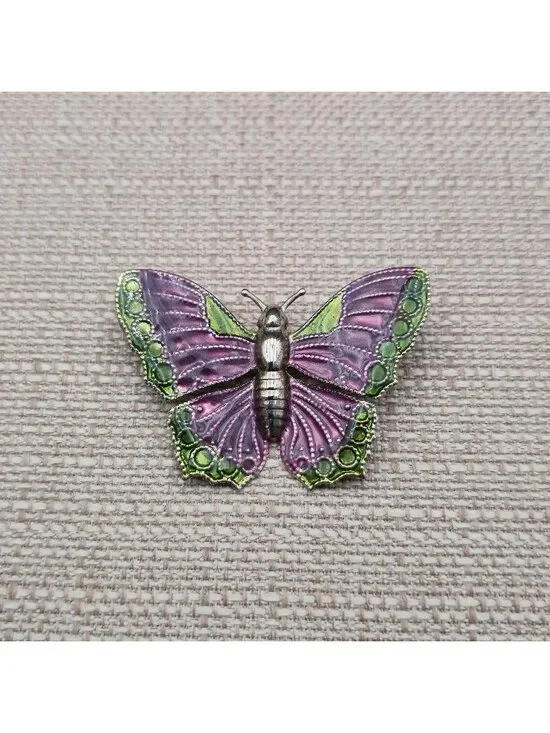 Vintage Purple and Green Enamel Butterfly - Shimmering Insect Pin Brooch B1436