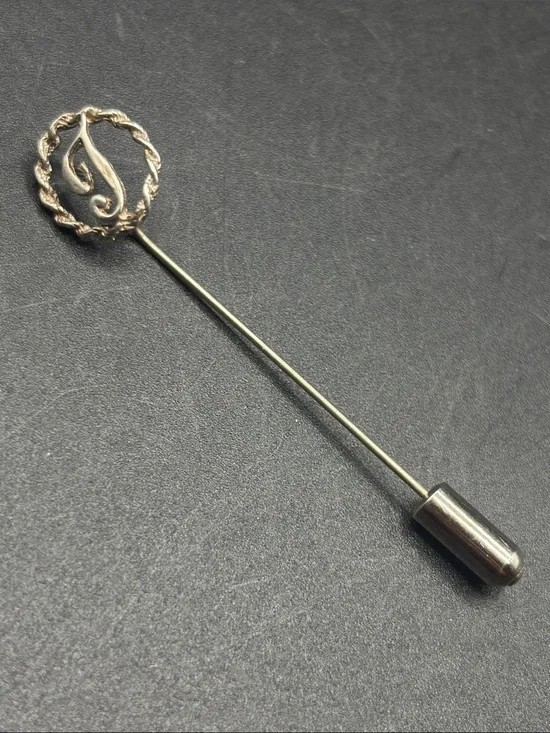 Vintage Letter J Silver Tone Metal Initial Stick Pin Brooch Jewelry Accessory