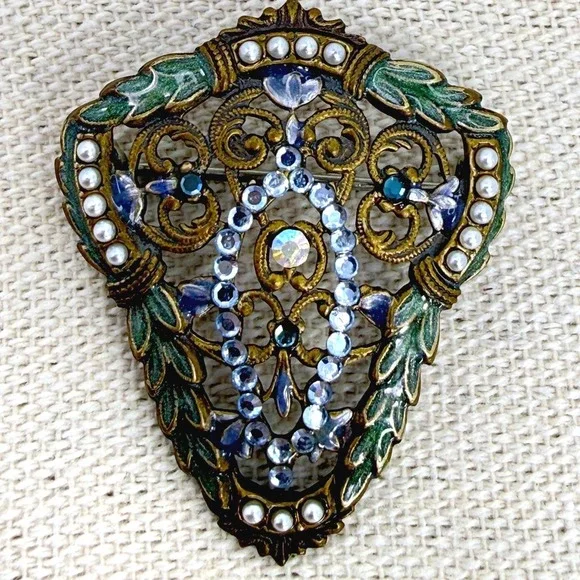 Anne Koplik Designs Filigree Shield Brooch Blue Rhinestone Faux‎ Pearl Enamel