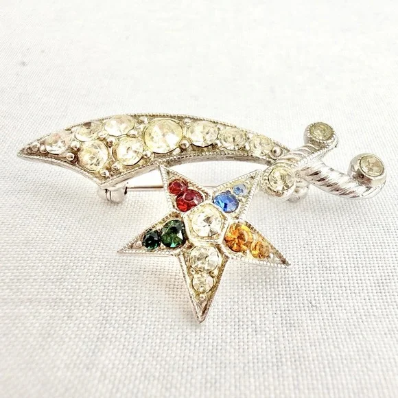 Vintage Signed Bogoff Brooch Pin Rhinestone Star Rainbow OES Silver Tone Retro