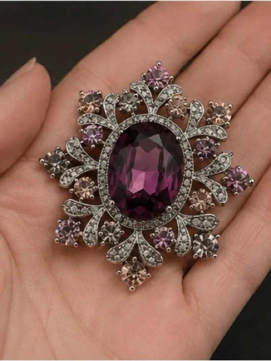 Vintage Purple Crystal Brooch | Rhinestone Floral Statement Pin | Elegant