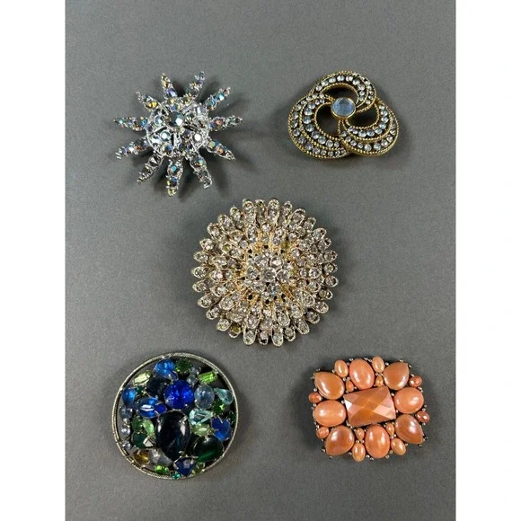 Vintage Costume Jewelry Brooch Lot 5pc Rhinestone Sunburst Floral Cabochon Pins